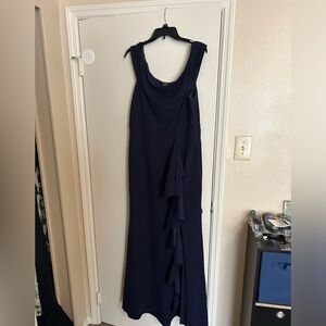 Lulu’s Floor Length Navy Off-The-Shoulder Gown w/ ruffle slit